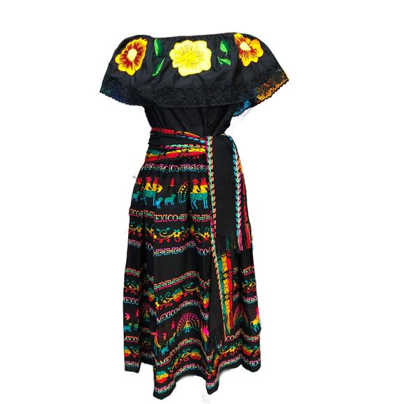 Mexican 3 piece set Blouse Cambaya skirt elastic waist and belt or mini rebozo - Picture 6 of 13